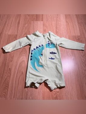 Light green and Teal Dino Print Kids One-Piece Swimsuit